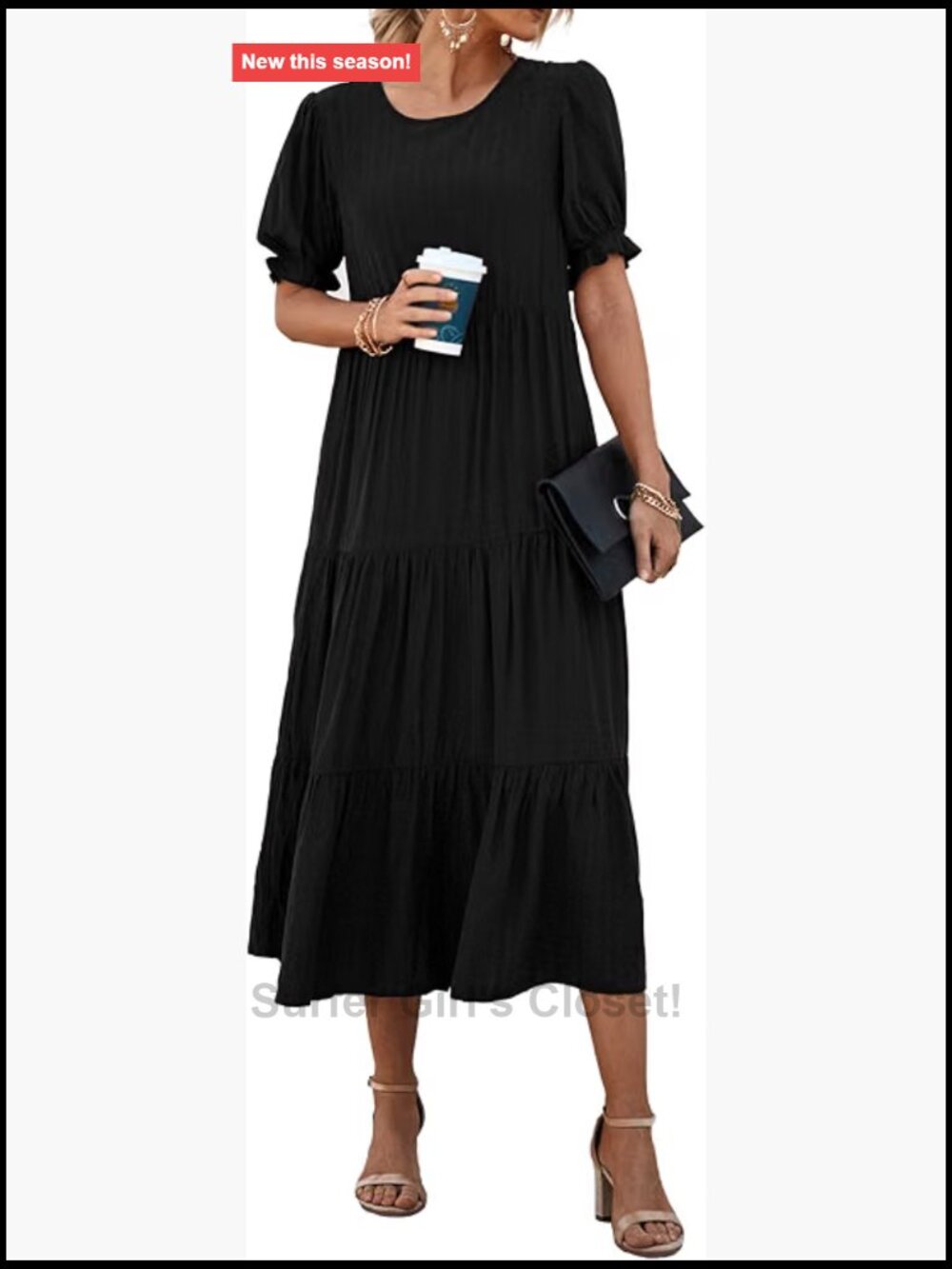 Women's Floral Midi Dress Short Puff Sleeve Ruffle Hem